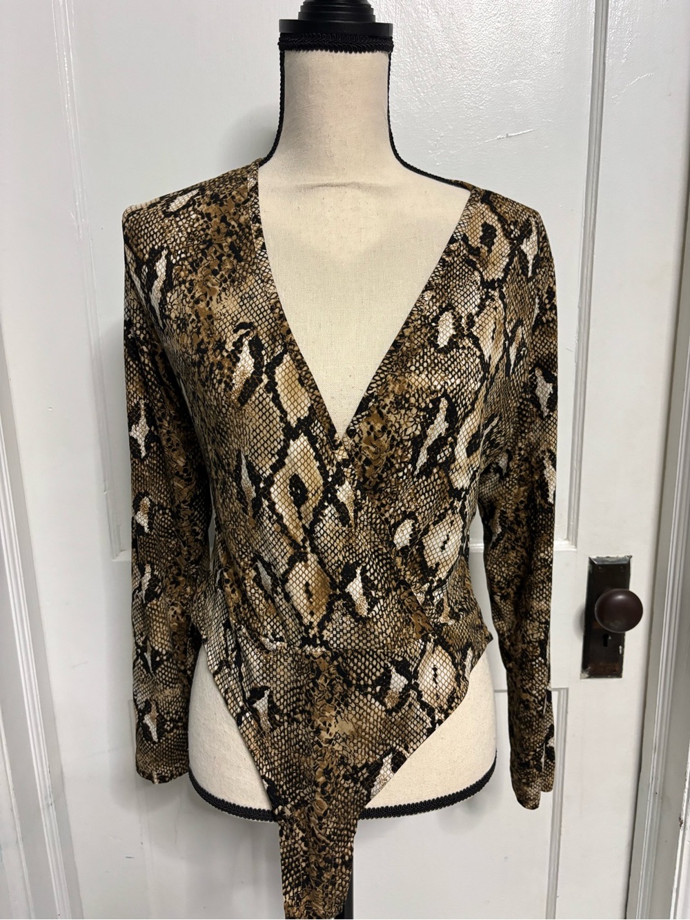 SHEIN Brown Snake Print Wrap Bodysuit Top